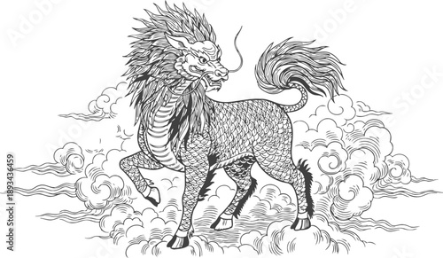 Intricate mythical qilin creature standing amidst swirling clouds detailed with scales and flowing mane