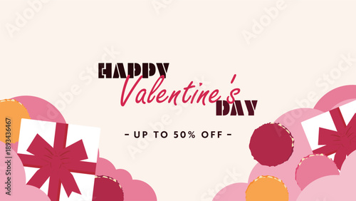 プレゼントボックスとマカロンで飾られたハッピーバレンタインの広告背景テンプレート（白）　Happy Valentine's Day ad background template decorated with gift boxes and macarons (white)