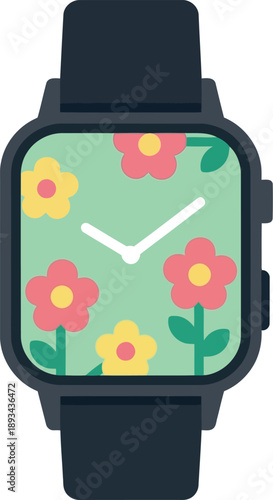 Modern smartwatch with floral display, flat vector illustration, spring digital watch face design