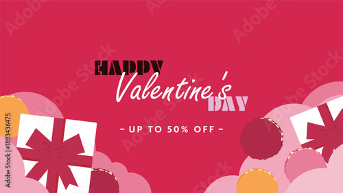 プレゼントボックスとマカロンで飾られたハッピーバレンタインの広告背景テンプレート（ピンク）　Happy Valentine's Day ad background template decorated with gift boxes and macarons (pink)