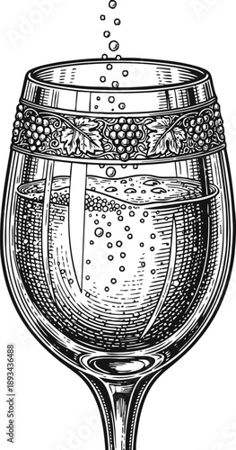 Wine glass with bubbles and decorative grapevine pattern, vintage hand drawn illustration of sparkling beverage