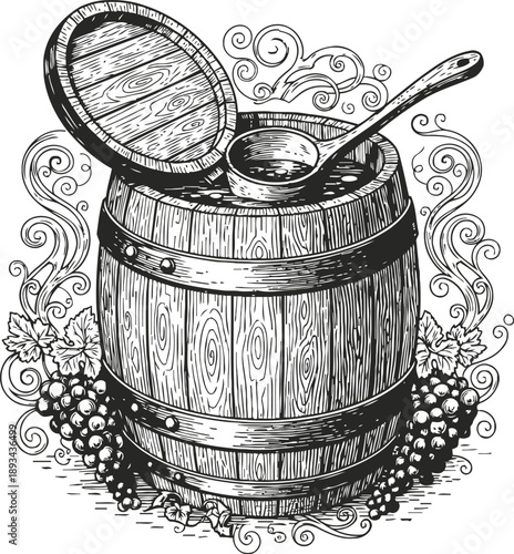 Vintage wooden barrel with ladle and grapes, detailed hand drawn wine container illustration