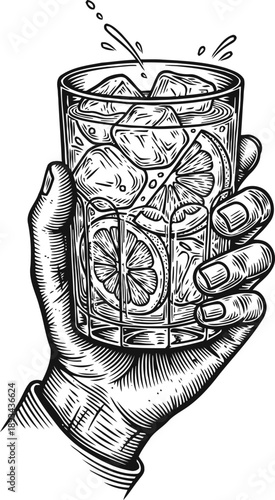 Hand holding a glass with ice cubes and lemon slices, refreshing cold drink illustration