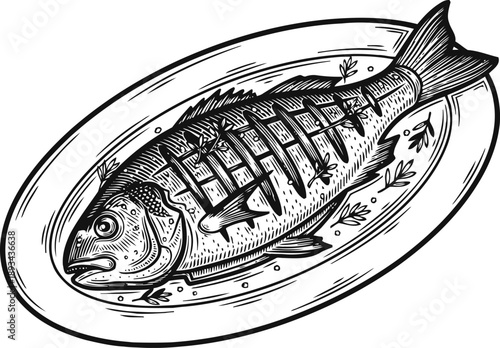 Grilled fish on plate with herbs whole cooked fish meal, fresh seafood dinner illustration