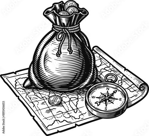 Money bag with coins on old map with compass vintage treasure hunt, navigation and exploration concept