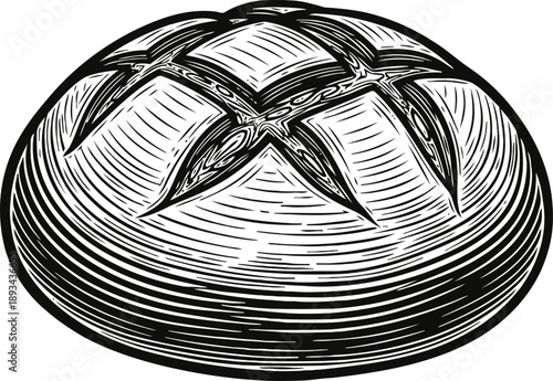 Round artisanal bread loaf with decorative crust scoring, traditional rustic bakery illustration