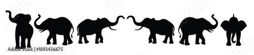  simple black silhouettes of elephants in different stances