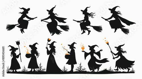  silhouettes of witches in various poses casting spells and