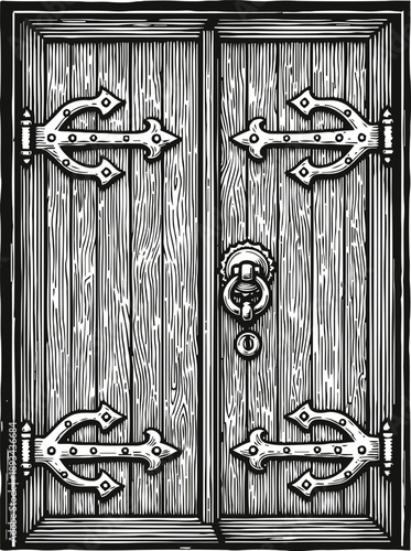 Antique wooden double door with decorative iron hinges and round metal knocker vintage design