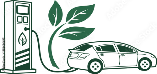 Green and white vector icon representing sustainable electric vehicle transport and renewable energy concept.