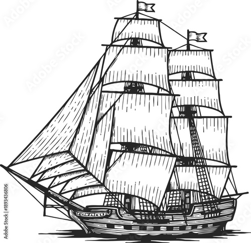 Detailed vintage tall ship with multiple sails and flags, old wooden sailing vessel illustration
