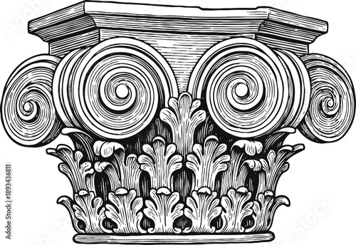 Intricate corinthian column capital with ornate acanthus leaves and volutes vintage architectural design
