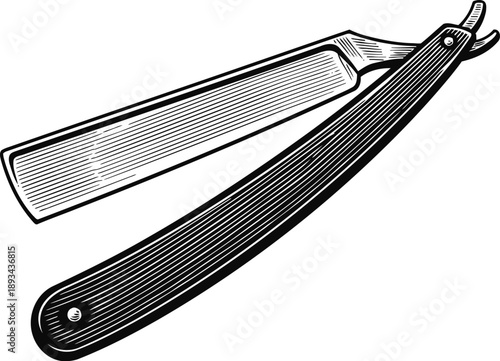 Straight razor with open blade and textured handle vintage engraving illustration