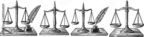 Vintage legal scales with feather quill and ink pot on wooden base, hand drawn justice concept illustration