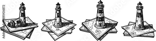vintage lighthouse illustrations on nautical maps, maritime navigation, sea travel symbols