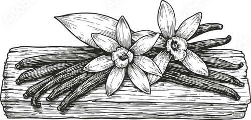 Vanilla beans and flowers on wooden board hand drawn botanical illustration of aromatic spice