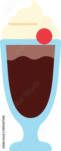 Chocolate Sundae Dessert Illustration with Whipped Cream and Cherry in Blue Glass