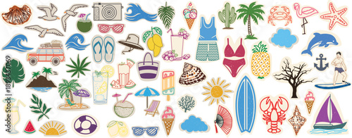 Hand drawn colorful summer elements scrapbook vector doodle collection with beach icon, tropical fruit, ocean wave, travel item and vacation essential. Perfect for sticker, poster and seasonal design.