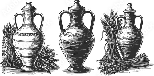 Vintage clay jugs with wheat sheaves rustic pottery vases hand drawn illustration in engraving traditional containers and harvest elements