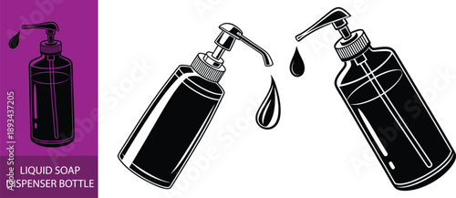 Black silhouette icon of a liquid soap dispenser bottle with a pump releasing a single drop of product against a white background