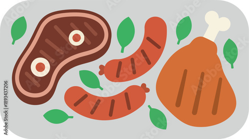 Flat Vector Illustration of Grilled Meat Steak, Sausages, and Chicken Drumstick with Herbs