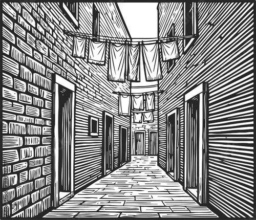 Narrow alleyway with hanging laundry between brick buildings in black and white sketch