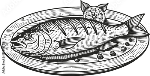 Grilled fish on wooden plate with lemon slice and peppercorns, hand drawn seafood illustration