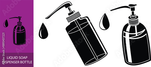 Black silhouette icon of a liquid soap dispenser bottle with a pump releasing a single drop of product against a white background