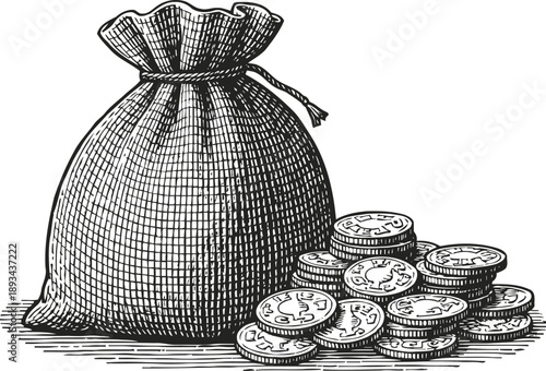 Money bag with coins vintage hand drawn treasure sack filled with round metal currency wealth and savings concept illustration