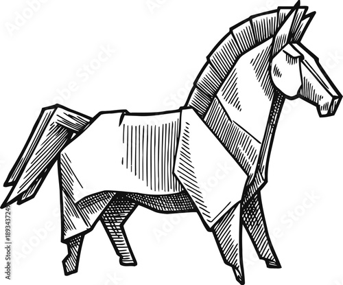 Origami horse with detailed line art handmade paper craft animal figure, artistic folding technique illustration