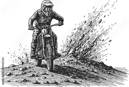 Motocross rider on dirt bike racing on rough terrain kicking up dirt and rocks