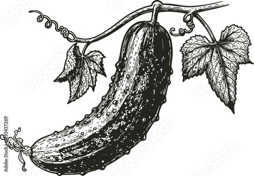 Cucumber hanging on branch with leaves detailed black and white botanical illustration