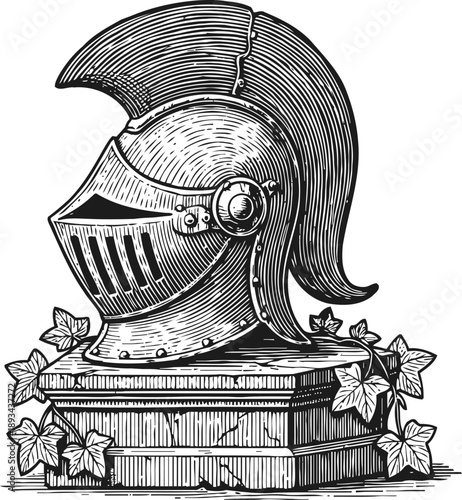 Medieval knight helmet on stone pedestal with decorative ivy leaves engraving