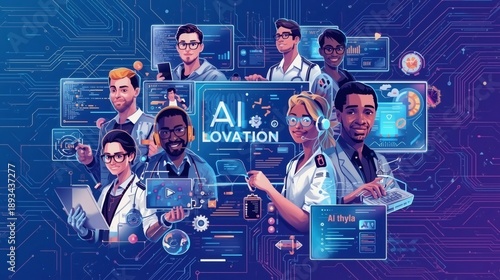 A professional team of business people uses digital technology and global internet screens to foster a social network concept connecting a virtual group for successful communication