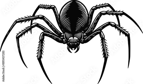Black spider illustration with detailed legs and body in a bold graphic style, arachnid insect design
