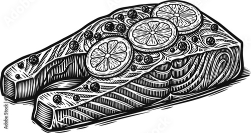Grilled salmon steak with lemon slices and peppercorns, hand drawn seafood illustration