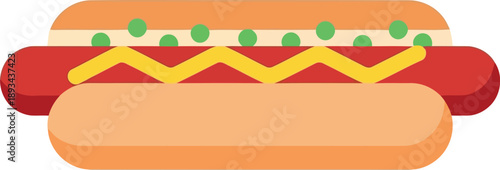Colorful Flat Vector Hot Dog Illustration with Mustard and Relish for Food Design Projects