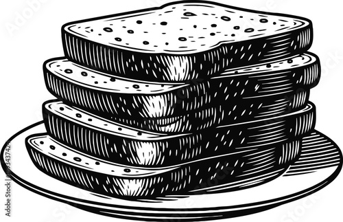 Stack of sliced bread on a plate vintage black and white illustration of bakery item