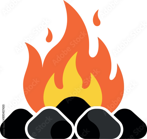 Vector Illustration of Burning Campfire with Flames and Charcoal Rocks Isolated on White Background