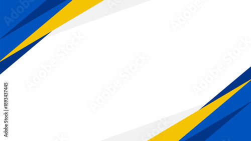 Modern abstract geometric background with blue and yellow diagonal corner shapes on white. Clean professional frame design ideal for corporate presentations and business layouts.