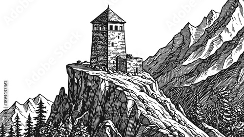 Stone watchtower on mountain cliff with distant snowy peaks and dense pine forest landscape
