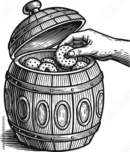 hand taking cookie from wooden barrel jar with biscuits inside, vintage black and white illustration