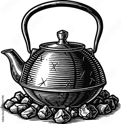 Vintage cast iron kettle with handle on hot stones for outdoor cooking and boiling water illustration