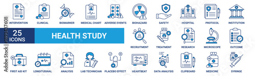 Health study icon set. Containing intervention, clinical, biomarker, medical chart, adverse events, biohazard sign, safety and more. Blue vector icons collection.