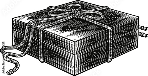 Wrapped gift box tied with decorative bow, vintage black and white woodcut illustration