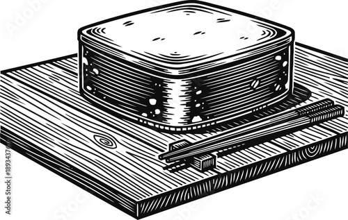 Traditional japanese tofu block on wooden cutting board with chopsticks, black and white illustration
