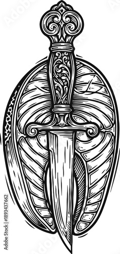 Intricately carved dagger with decorative handle and ornate sheath detailed in vintage woodcut