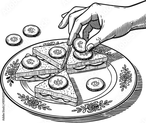 Hand placing cucumber slice on triangular sandwich pieces on a floral plate, vintage line art