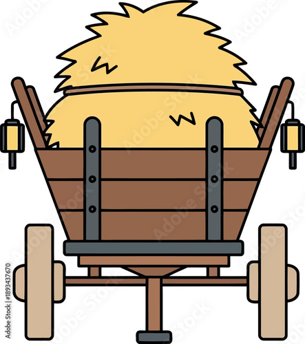 Rustic Wooden Hay Cart Illustration with Straw Bales, Farm Equipment Vector Clipart