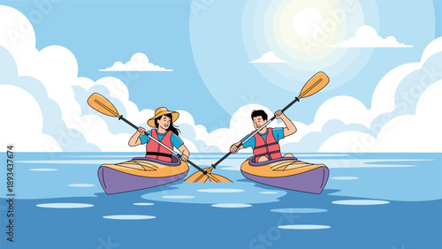 Man and woman enjoying a sunny day of kayaking on the calm ocean with fluffy white clouds and a bright sun in the sky.